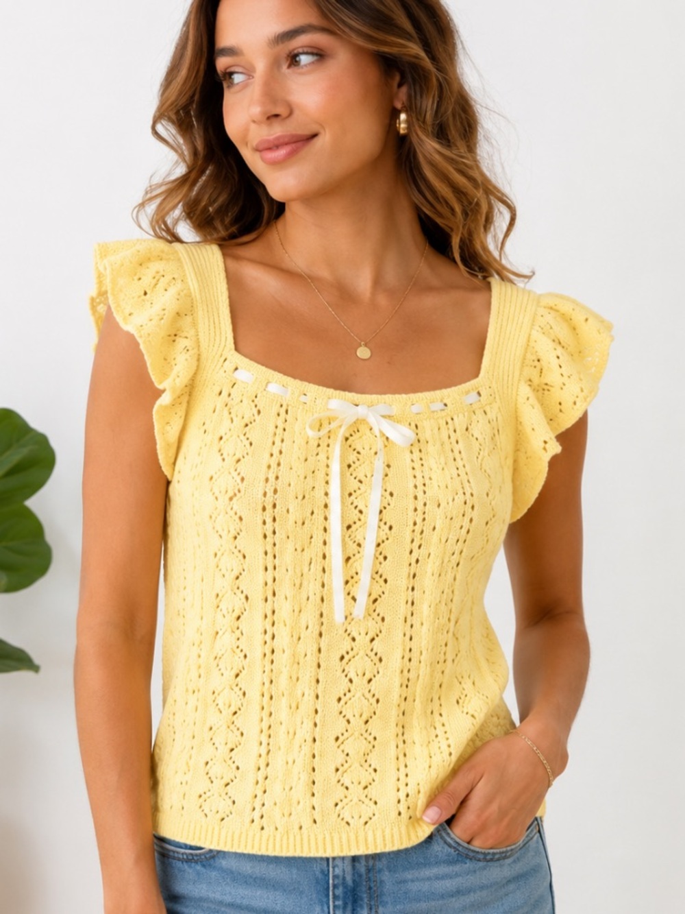 Haute Hippie Lemon Yellow Eyelet Tie-Front Flutter Sleeve Sweater Tank